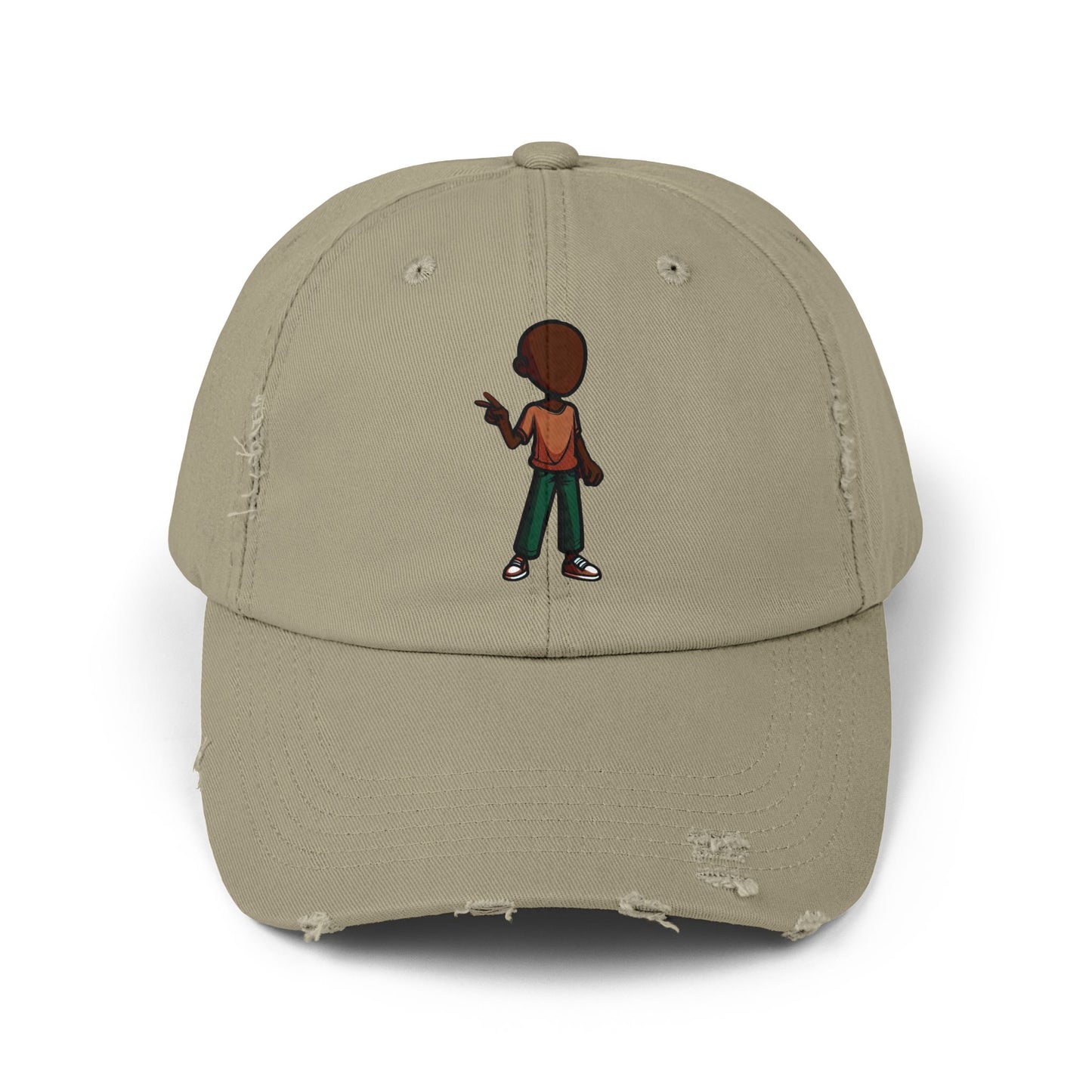 Distressed Black Dad Hat with Retro Boy Graphic — Casual Streetwear Cap
