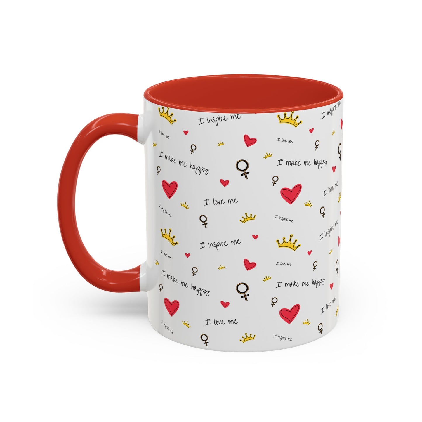 Inspirational Accent Coffee Mug - "I Love Me", Red Hearts and Crowns, Perfect Gift for Self-Care