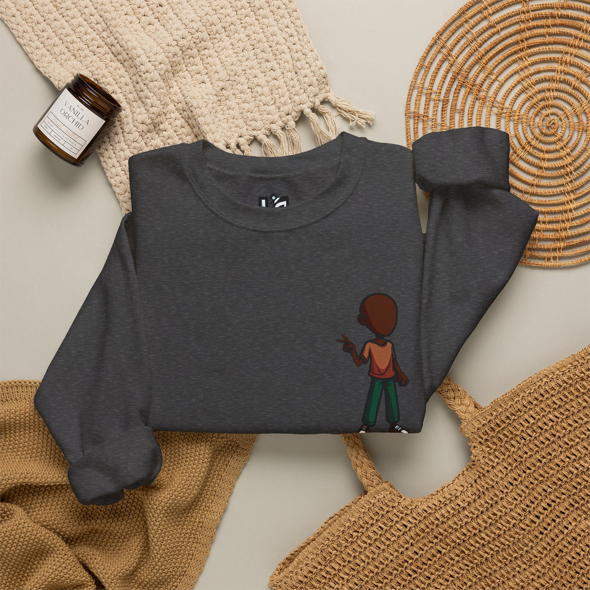 Crewneck Sweatshirt — Minimal Walking Kid Cartoon Chest Print