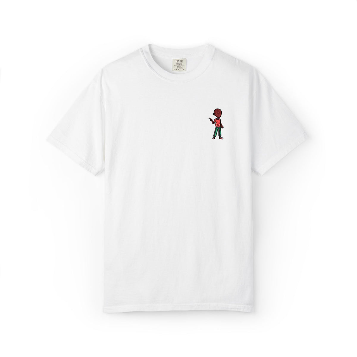 T-Shirt — Tiny Red-Haired Skateboarder Chest Graphic, Minimal Streetwear Tee