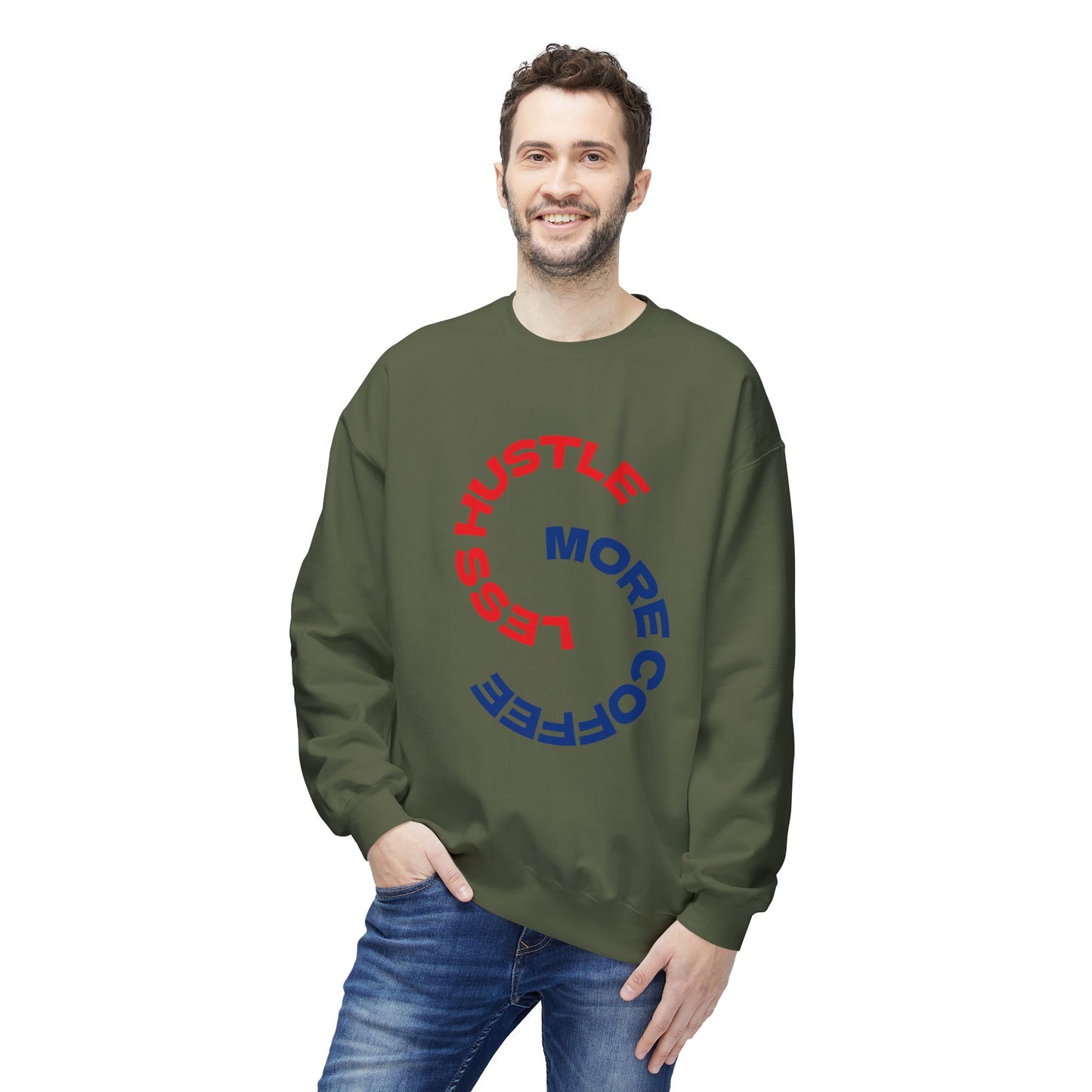 Crewneck Sweatshirt "Less Hustle, More Coffee" — Casual Graphic Pullover