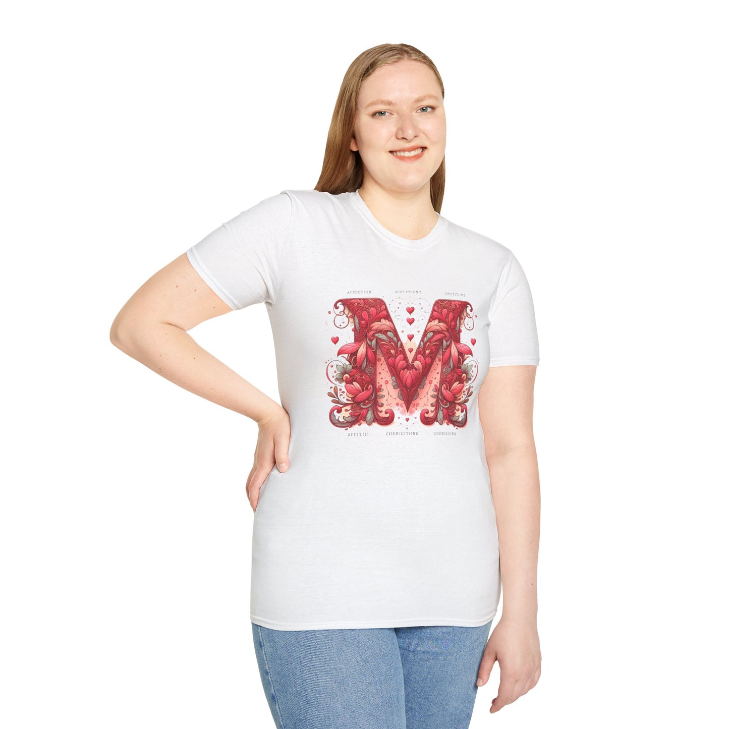 Floral Letter 'M' Unisex Softstyle T-Shirt - Perfect for Celebrations and Self-Expression