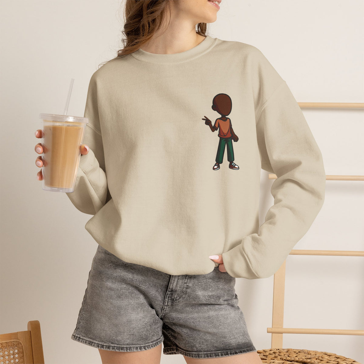 Crewneck Sweatshirt — Minimal Walking Kid Cartoon Chest Print