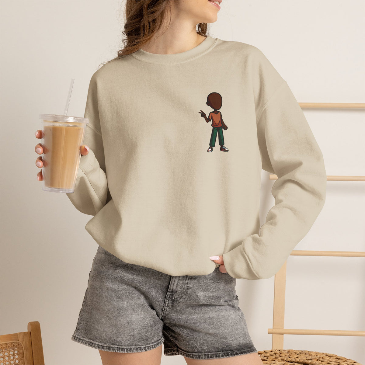 Crewneck Sweatshirt with Cartoon Guitarist & 'Rock On' Sleeve Graphic