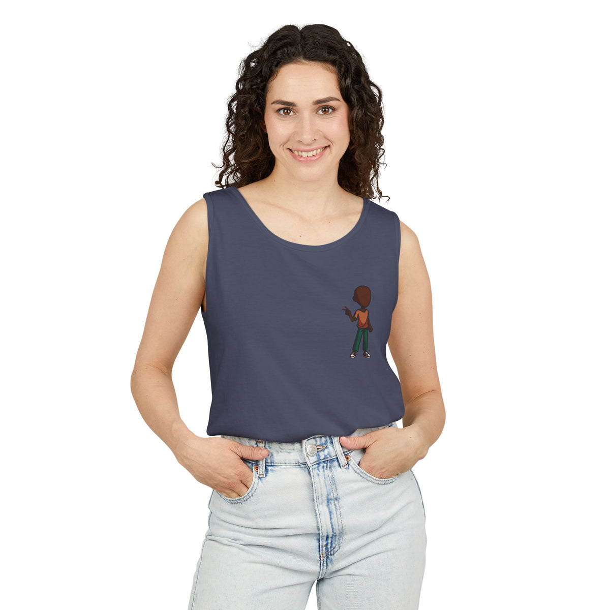 Minimalist Coffee Lover Tank — Small Cartoon Person Holding Mug Graphic Tank Top