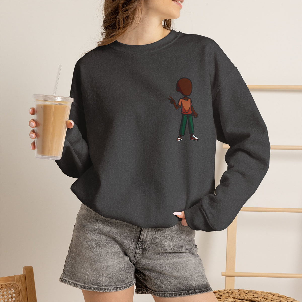 Crewneck Sweatshirt — Minimal Walking Kid Cartoon Chest Print