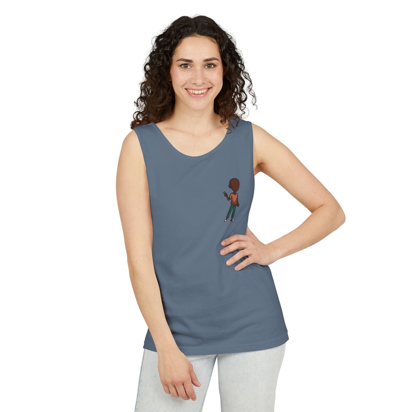 Minimalist Coffee Lover Tank — Small Cartoon Person Holding Mug Graphic Tank Top