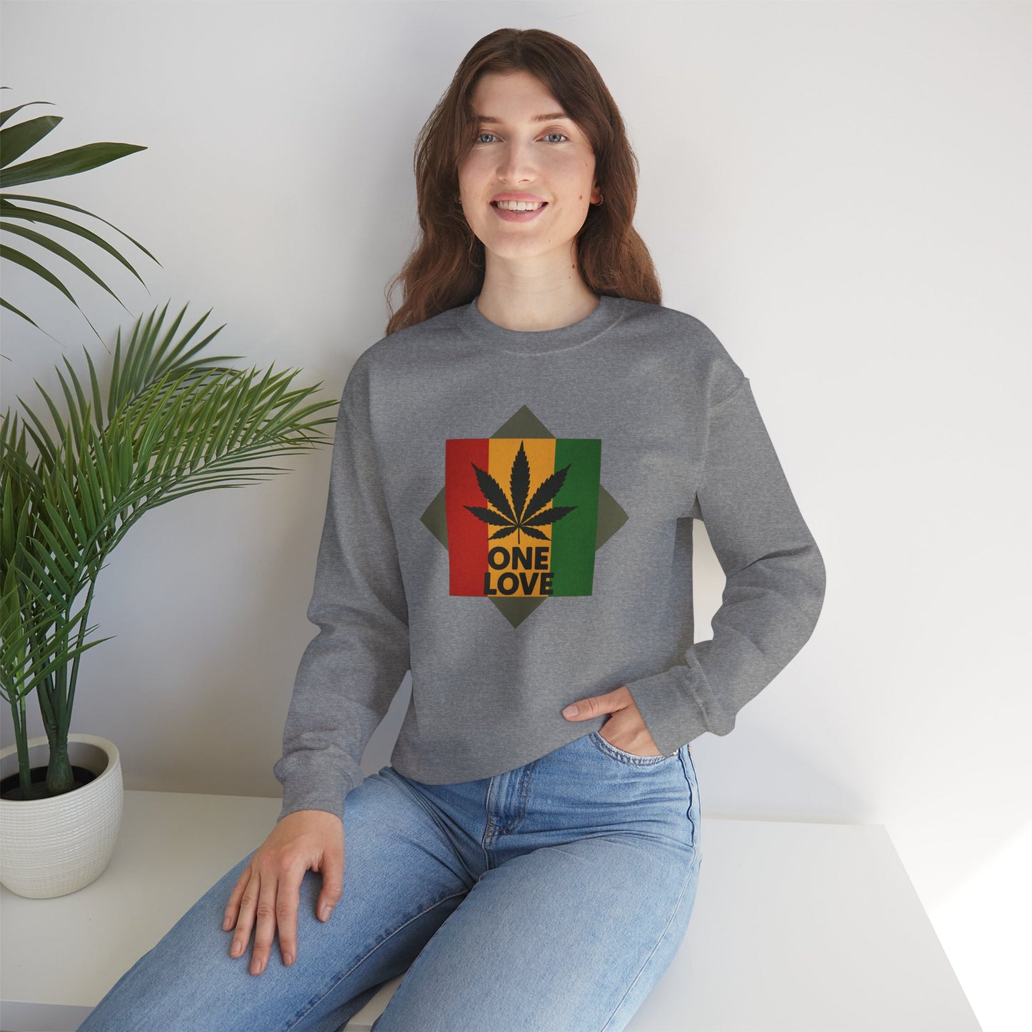 One Love Cannabis Crewneck Sweatshirt | Unisex Pullover | Cozy Streetwear, Gift for Stoners, Rasta Style Sweatshirt, Chill Vibes Apparel