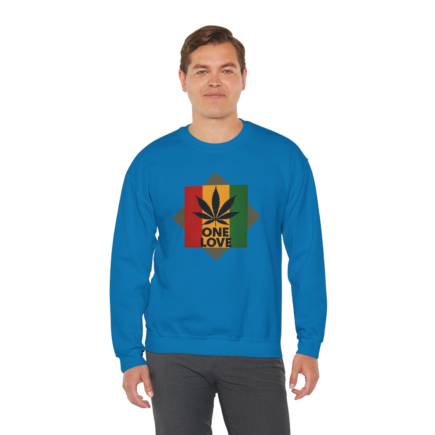 One Love Cannabis Crewneck Sweatshirt | Unisex Pullover | Cozy Streetwear, Gift for Stoners, Rasta Style Sweatshirt, Chill Vibes Apparel