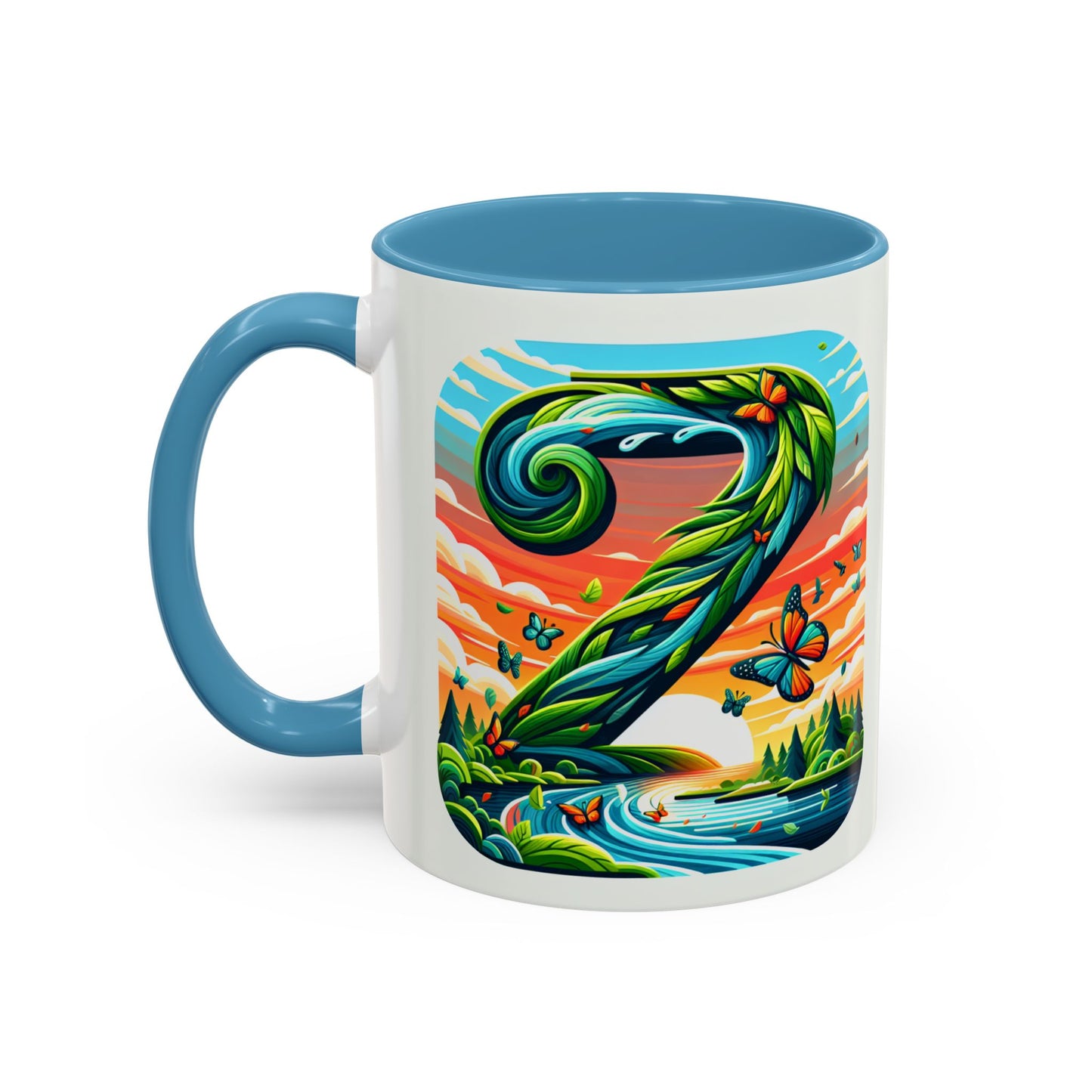 Nature-Inspired Accent Coffee Mug - Vibrant Green Design with Butterflies and Scenic View