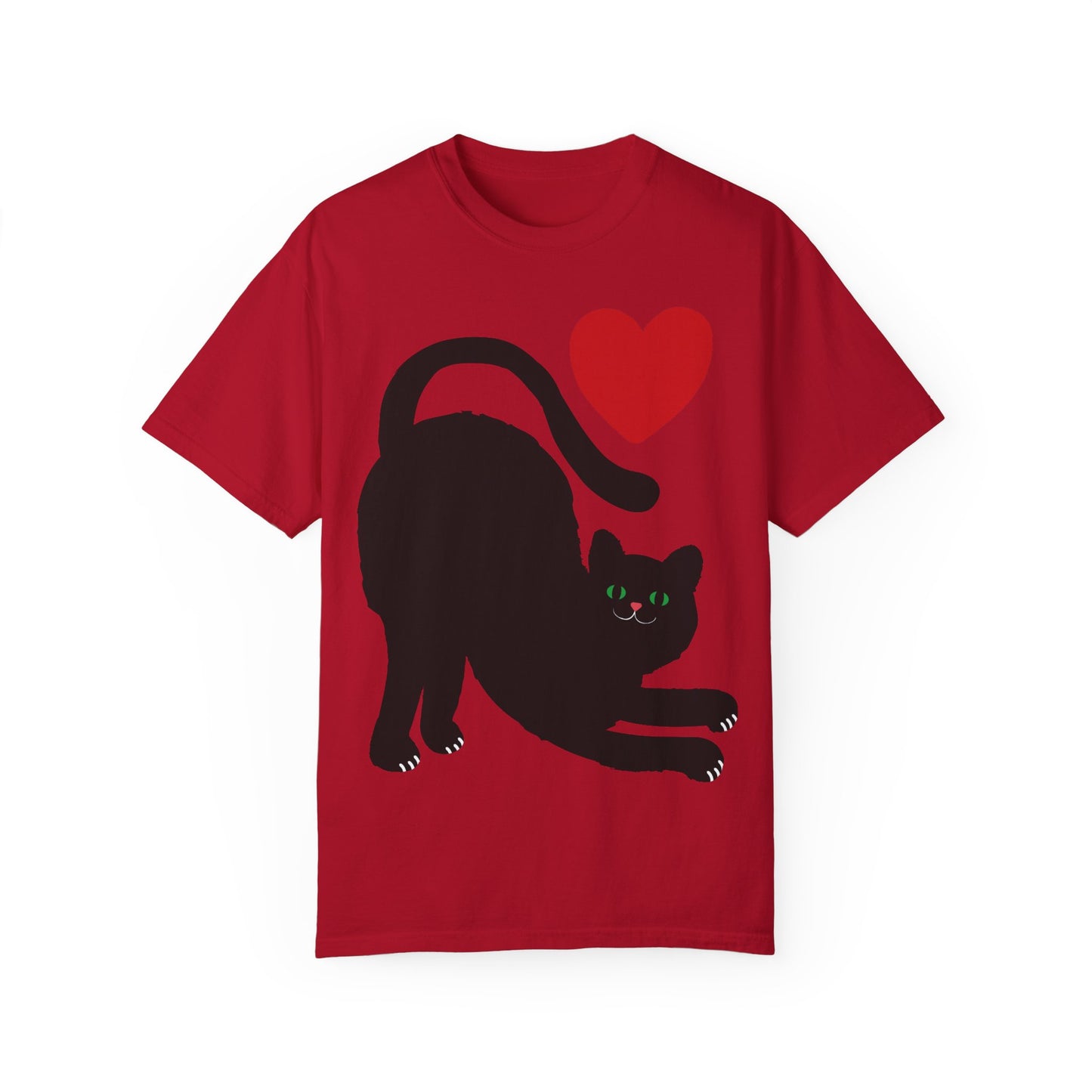 Cute Cat Lover's Unisex Garment-Dyed T-Shirt - Playful Black Cat with Heart Design