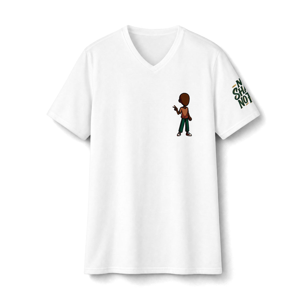V‑Neck Tee — Small Backturned Character Chest Print with “No Smoke No Ash” Sleeve Text