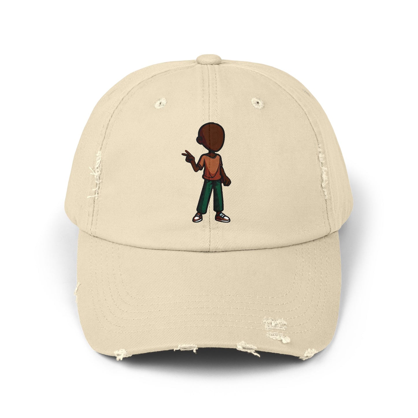 Distressed Black Dad Hat with Retro Boy Graphic — Casual Streetwear Cap