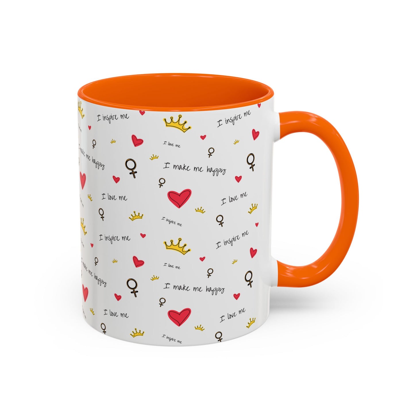 Inspirational Accent Coffee Mug - "I Love Me", Red Hearts and Crowns, Perfect Gift for Self-Care