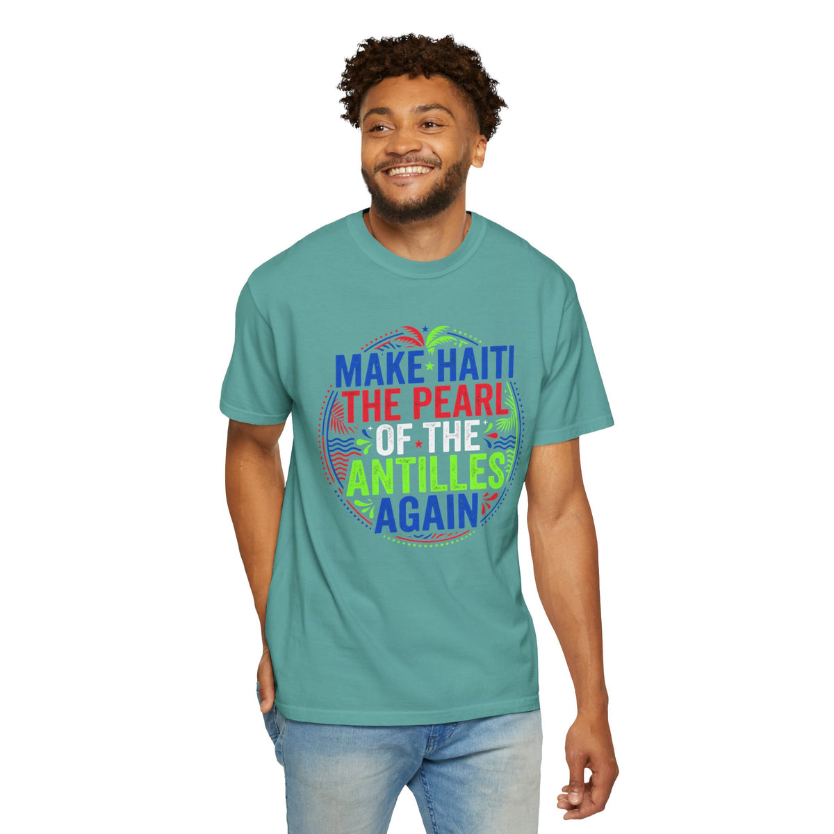 Make Haiti the Pearl — T‑Shirt (Antilles Pride, Colorful Retro Globe Design)