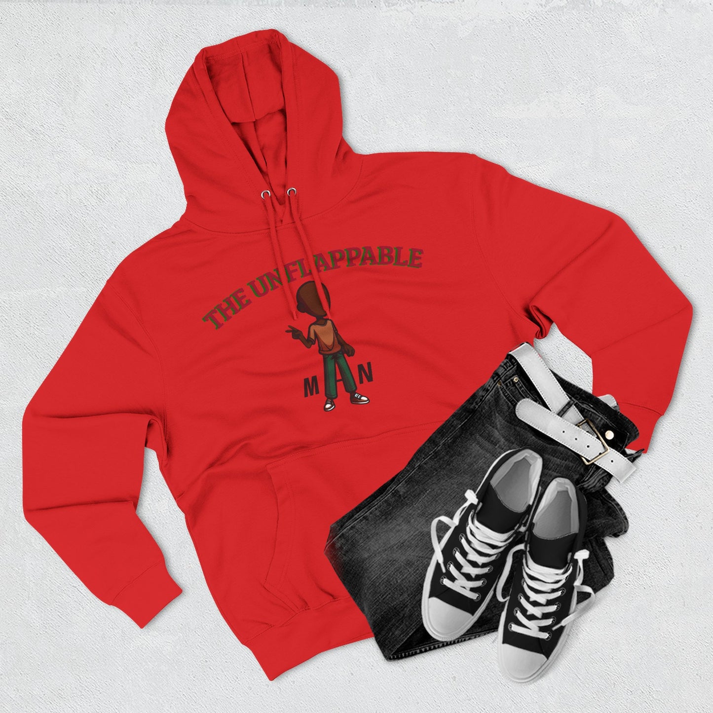 Unflappable Man Hoodie — Graphic Fleece Pullover with Cartoon Character