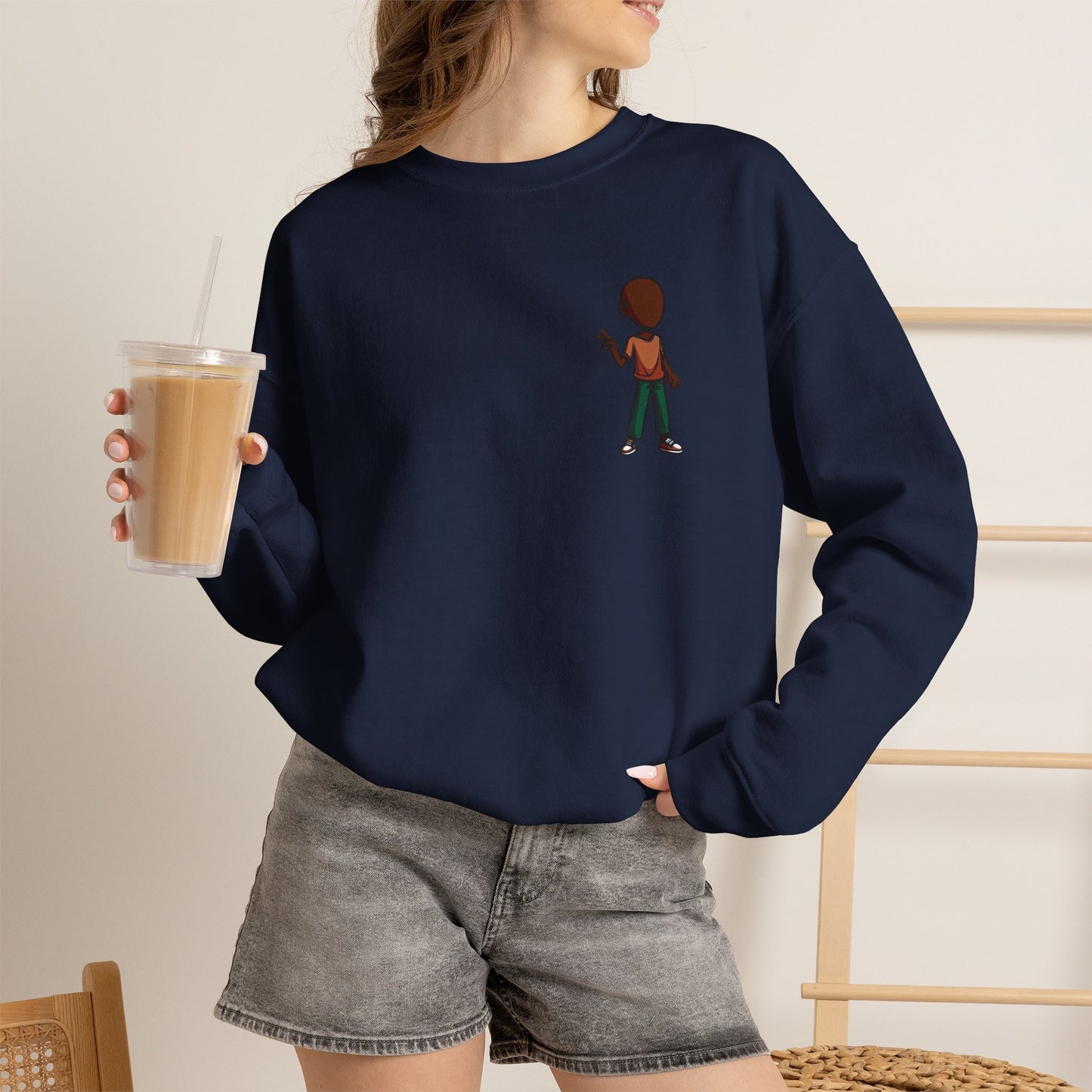 Crewneck Sweatshirt with Cartoon Guitarist & 'Rock On' Sleeve Graphic
