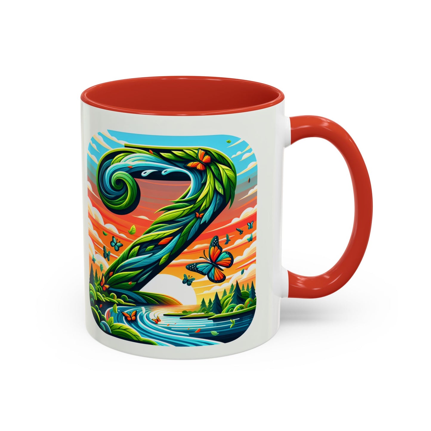 Nature-Inspired Accent Coffee Mug - Vibrant Green Design with Butterflies and Scenic View