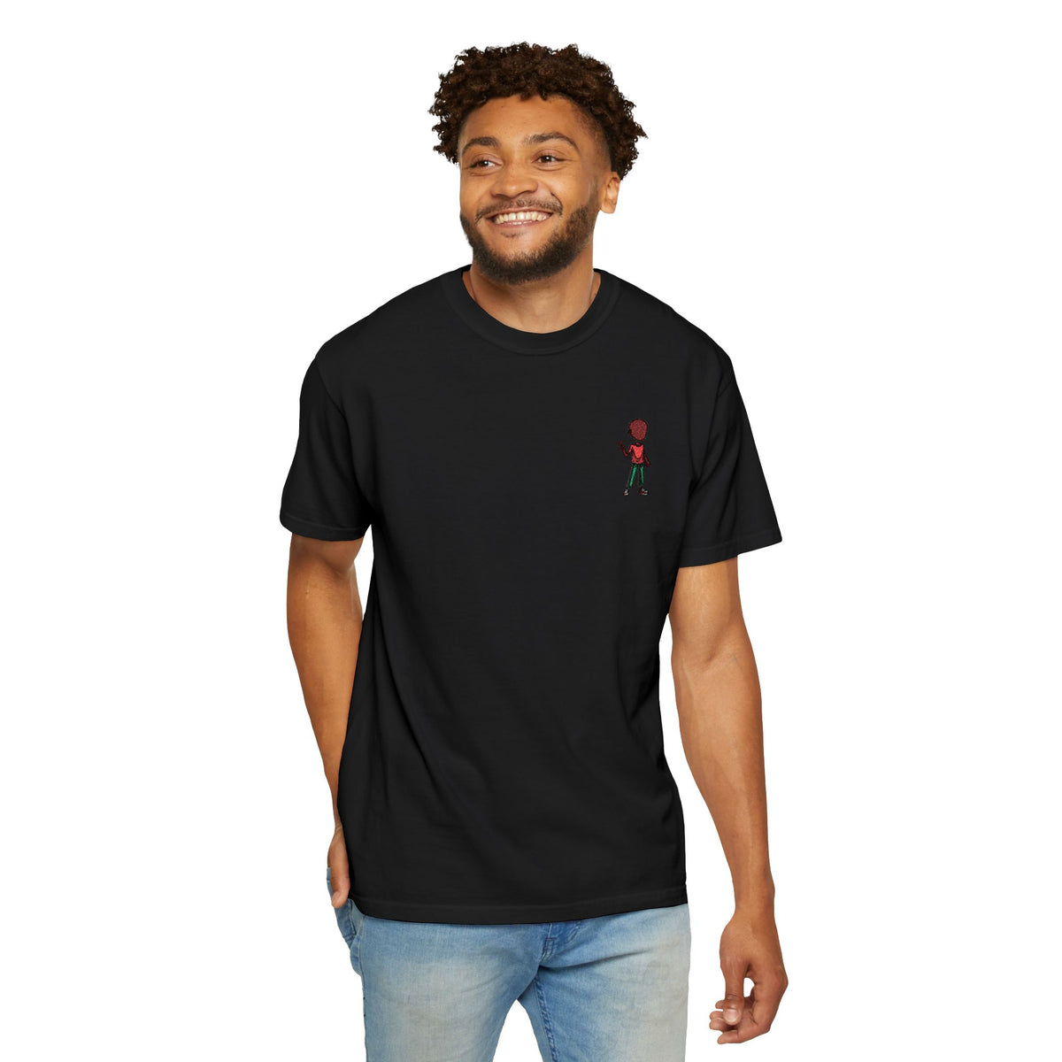 T-Shirt — Tiny Red-Haired Skateboarder Chest Graphic, Minimal Streetwear Tee