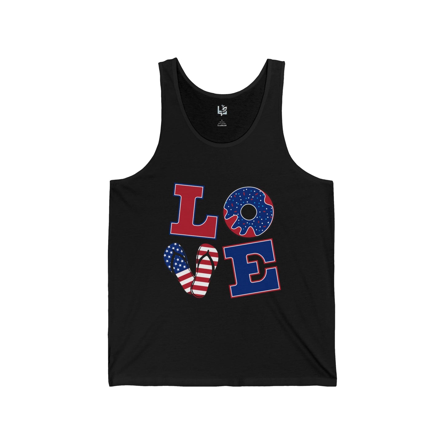 Unisex Jersey Tank - ‘LOVE’ Patriotic Design, Casual Summer Wear, 4th of July, Gifts for Him or Her, Fitness Gear, Festival Attire