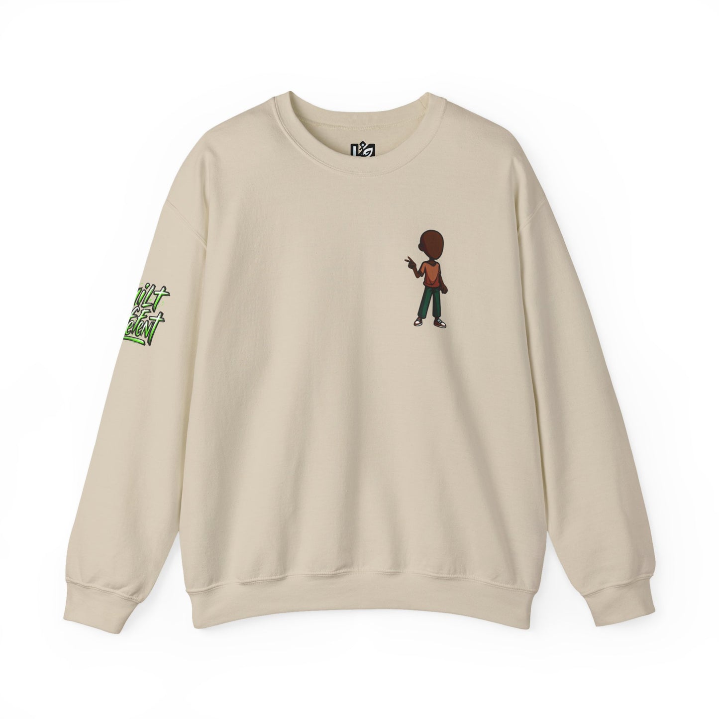 Crewneck Sweatshirt with Cartoon Guitarist & 'Rock On' Sleeve Graphic