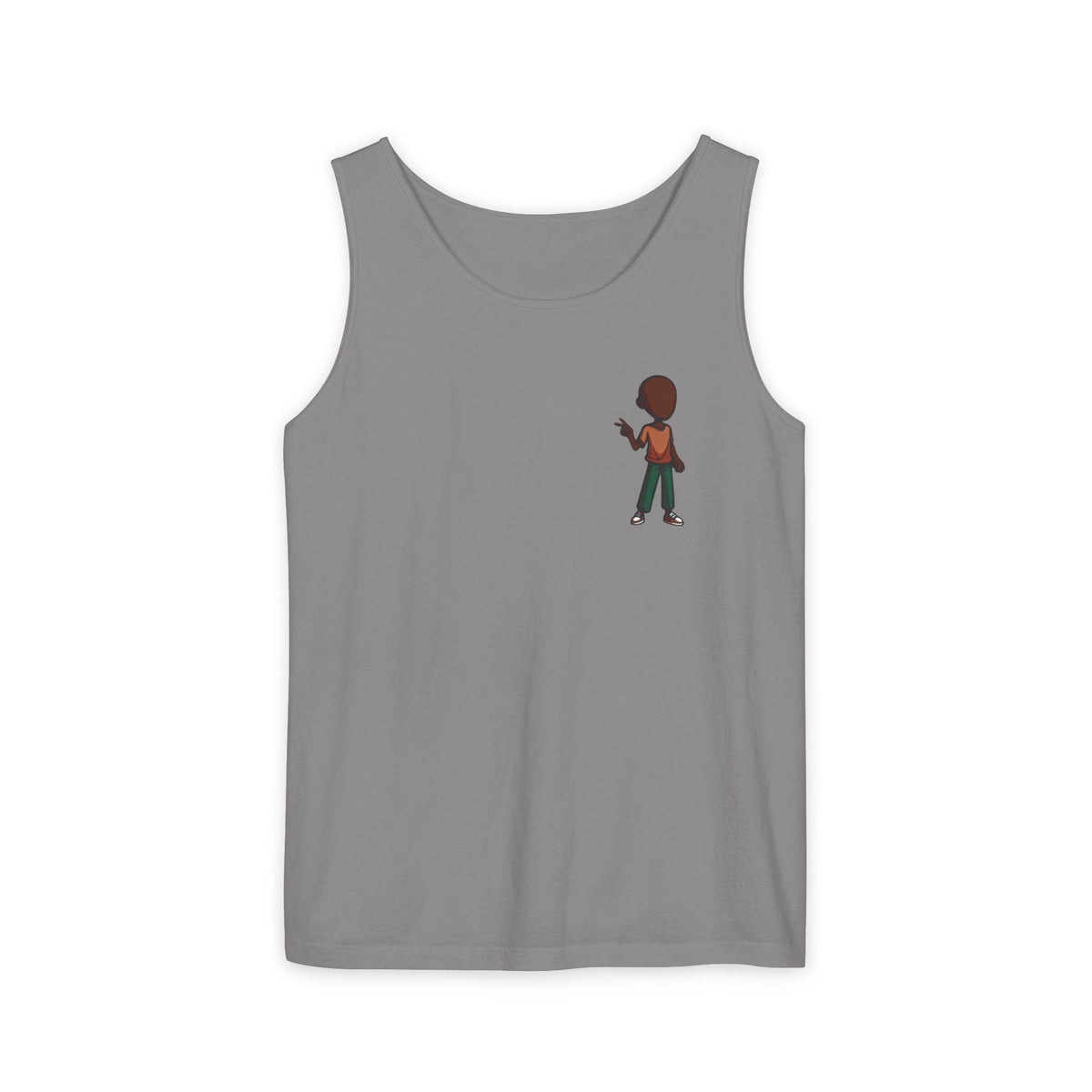 Minimalist Coffee Lover Tank — Small Cartoon Person Holding Mug Graphic Tank Top