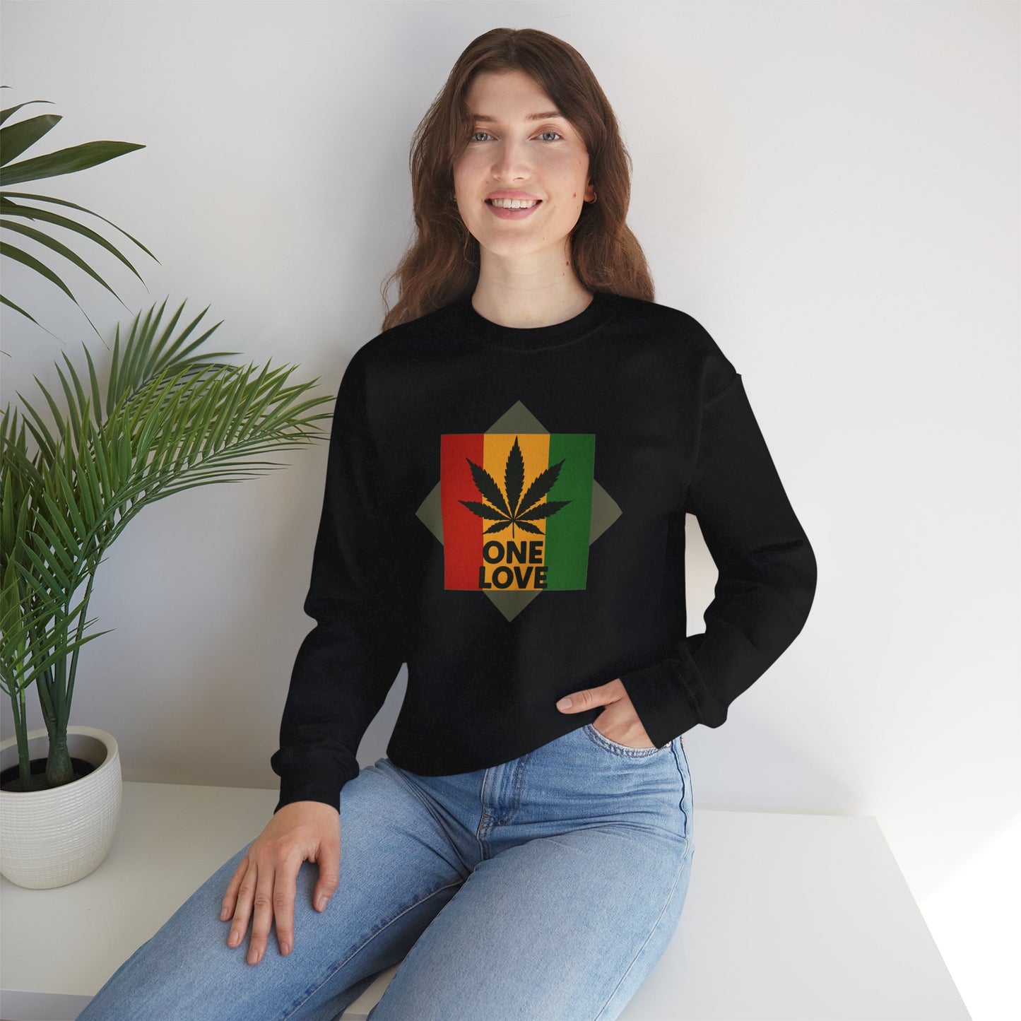 One Love Cannabis Crewneck Sweatshirt | Unisex Pullover | Cozy Streetwear, Gift for Stoners, Rasta Style Sweatshirt, Chill Vibes Apparel