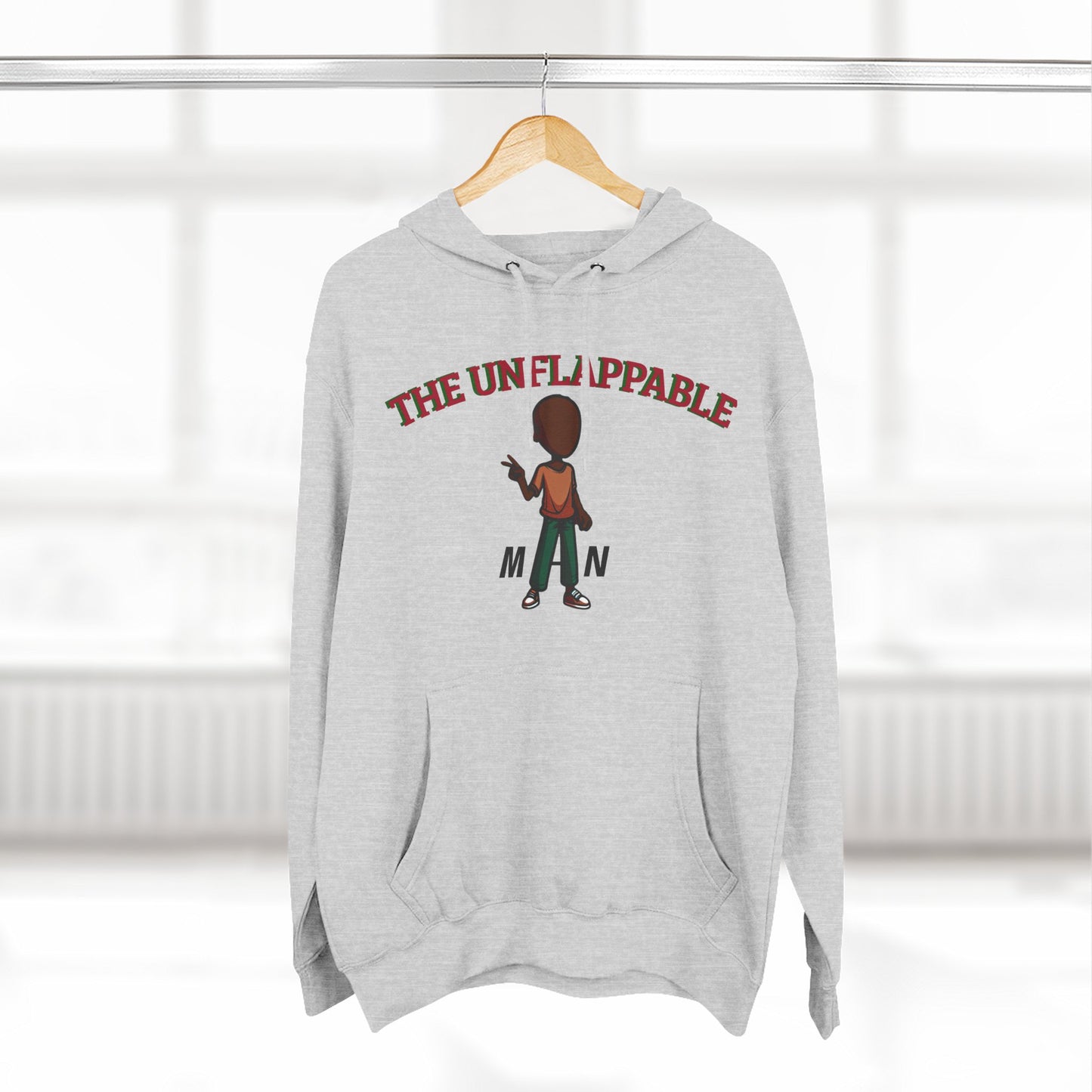 Unflappable Man Hoodie — Graphic Fleece Pullover with Cartoon Character