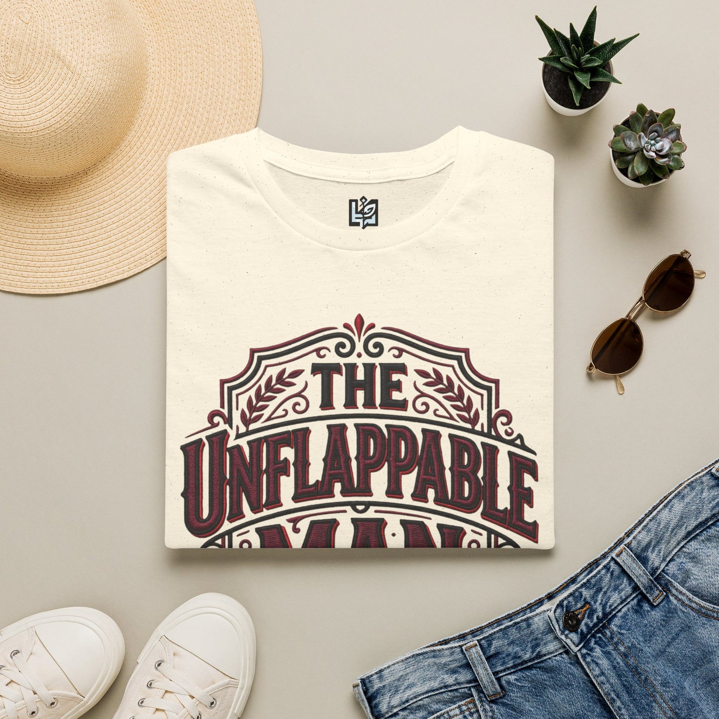 The Unflappable Man T-Shirt — Vintage Shield Graphic Tee for Confident Guys