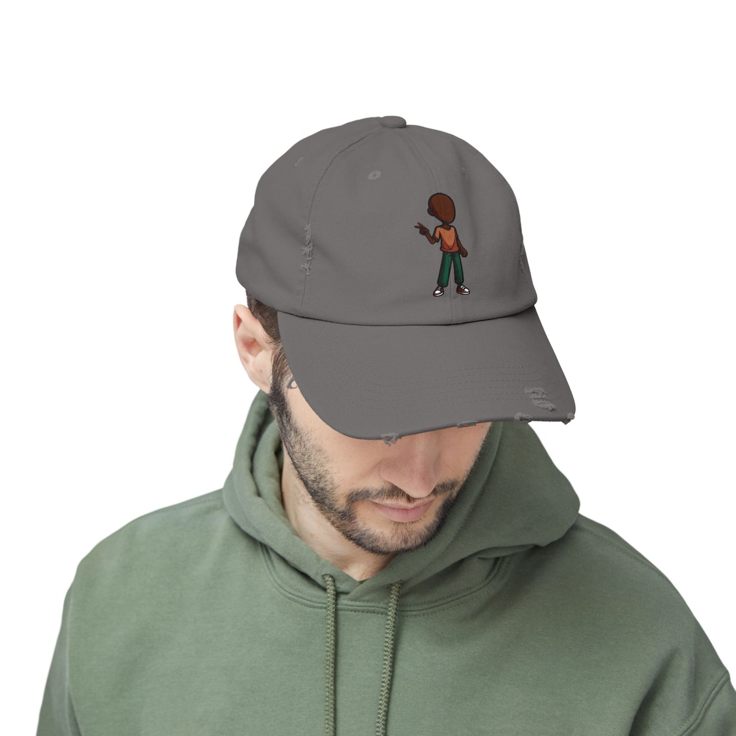 Distressed Black Dad Hat with Retro Boy Graphic — Casual Streetwear Cap