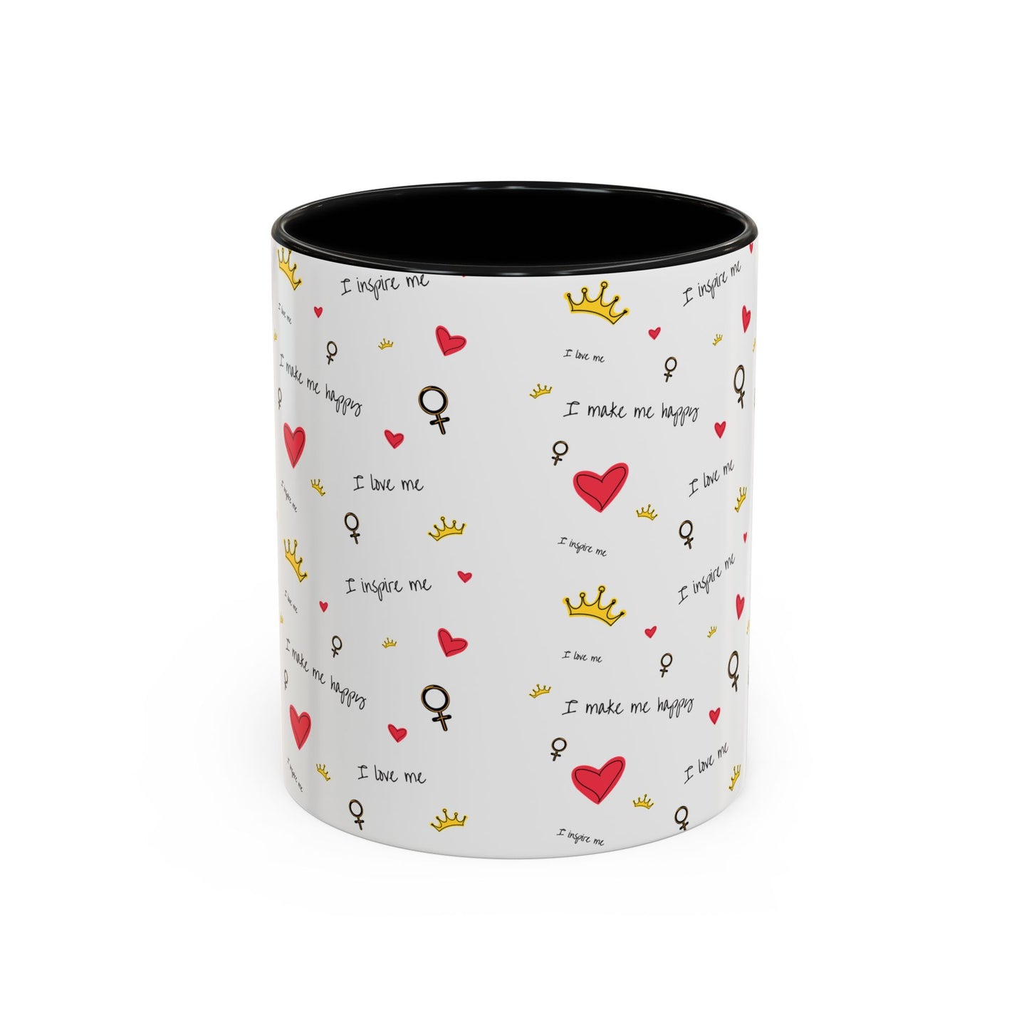 Inspirational Accent Coffee Mug - "I Love Me", Red Hearts and Crowns, Perfect Gift for Self-Care
