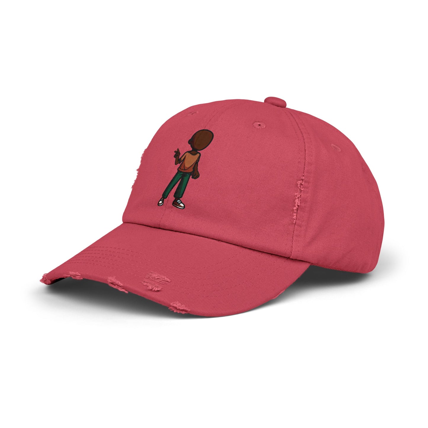 Distressed Black Dad Hat with Retro Boy Graphic — Casual Streetwear Cap