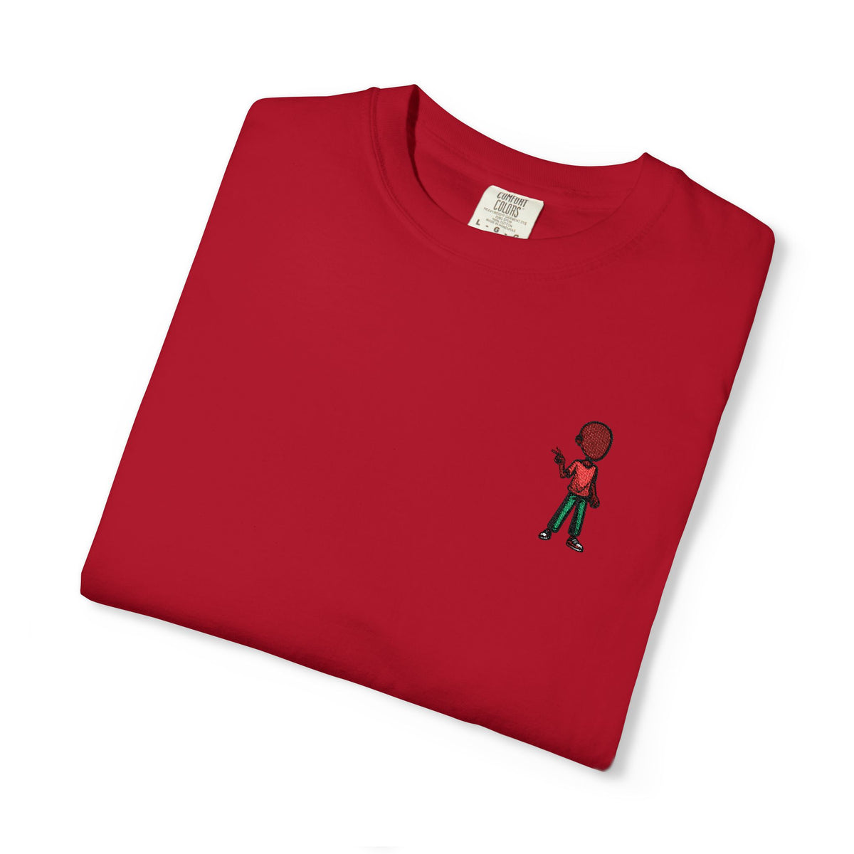 T-Shirt — Tiny Red-Haired Skateboarder Chest Graphic, Minimal Streetwear Tee