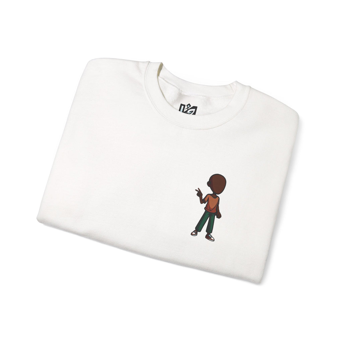 Crewneck Sweatshirt with Cartoon Guitarist & 'Rock On' Sleeve Graphic
