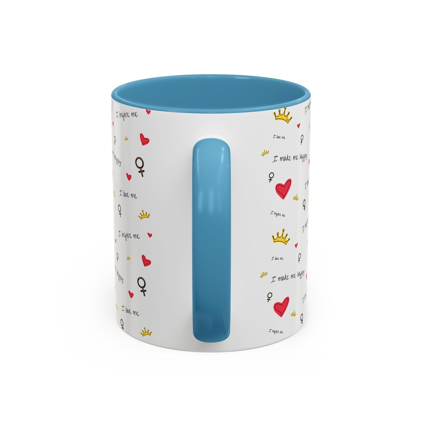 Inspirational Accent Coffee Mug - "I Love Me", Red Hearts and Crowns, Perfect Gift for Self-Care