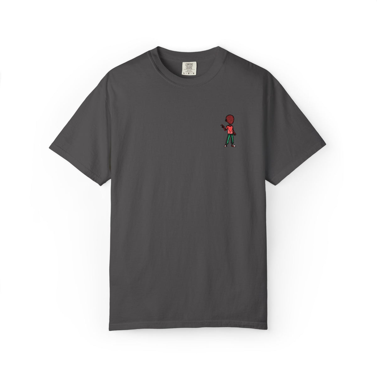 T-Shirt — Tiny Red-Haired Skateboarder Chest Graphic, Minimal Streetwear Tee