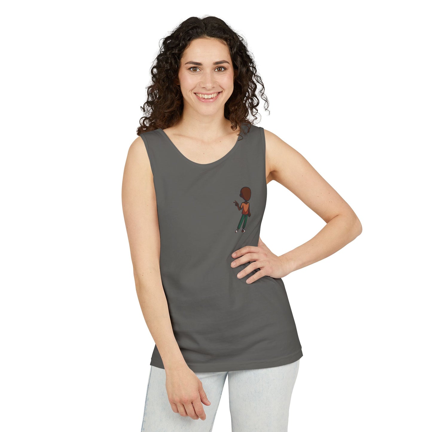 Minimalist Coffee Lover Tank — Small Cartoon Person Holding Mug Graphic Tank Top