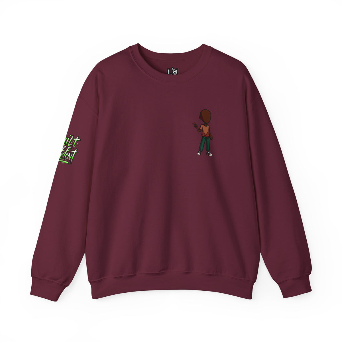 Crewneck Sweatshirt with Cartoon Guitarist & 'Rock On' Sleeve Graphic