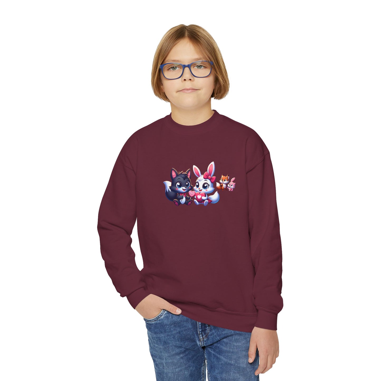 Youth Sweatshirt — Cute Cartoon Kawaii Cats & Bunny Graphic