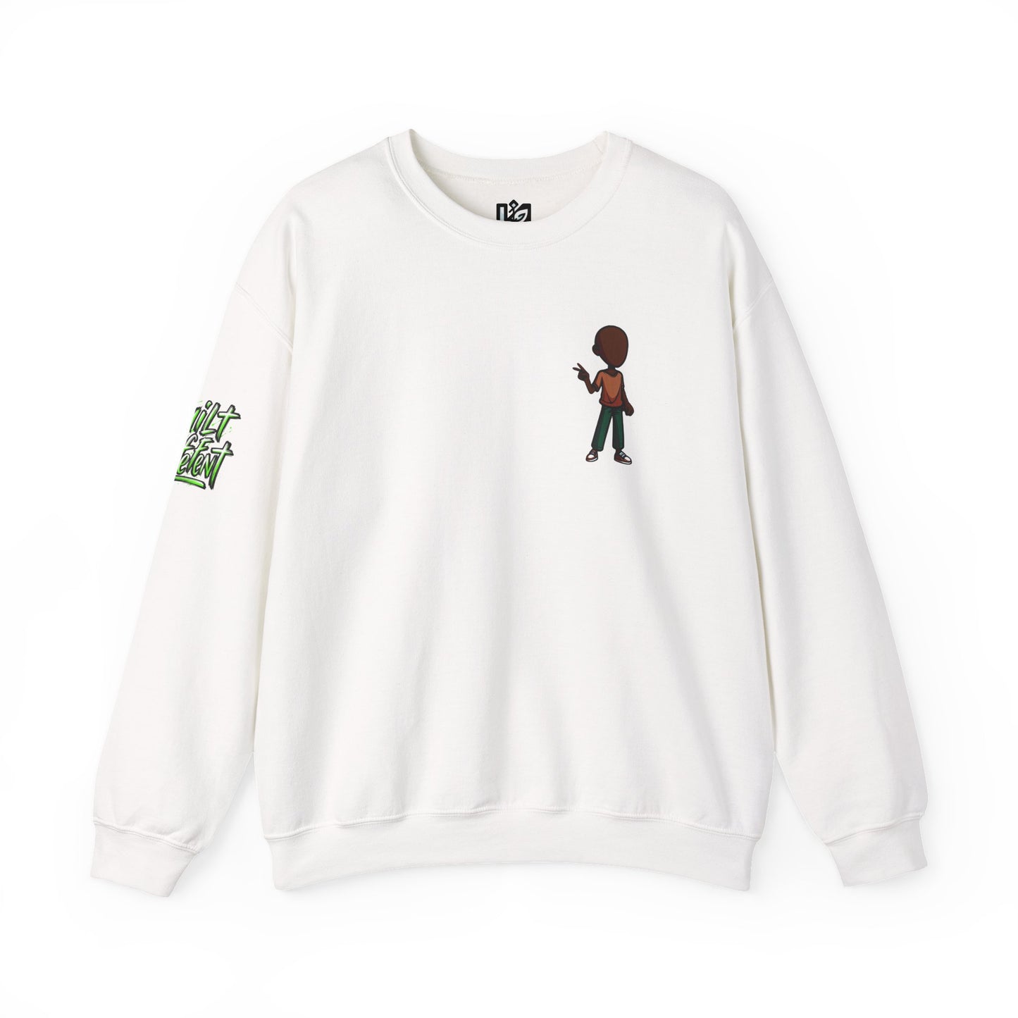 Crewneck Sweatshirt with Cartoon Guitarist & 'Rock On' Sleeve Graphic
