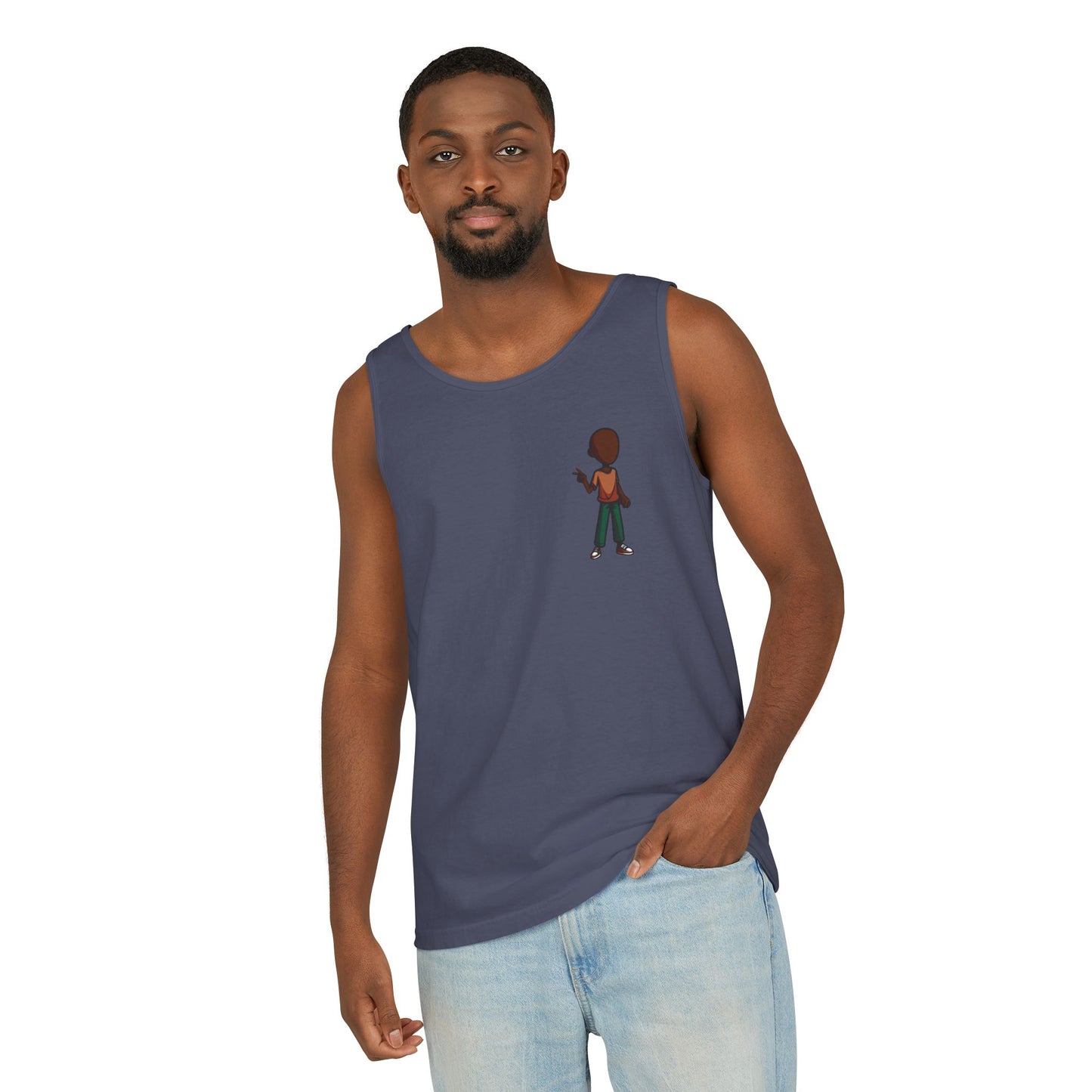 Minimalist Coffee Lover Tank — Small Cartoon Person Holding Mug Graphic Tank Top