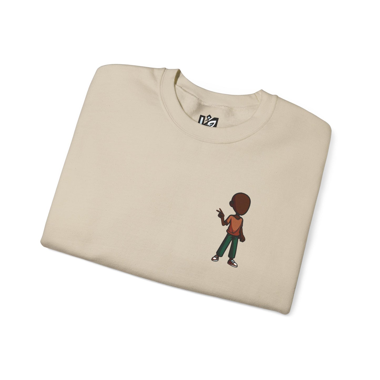 Crewneck Sweatshirt with Cartoon Guitarist & 'Rock On' Sleeve Graphic