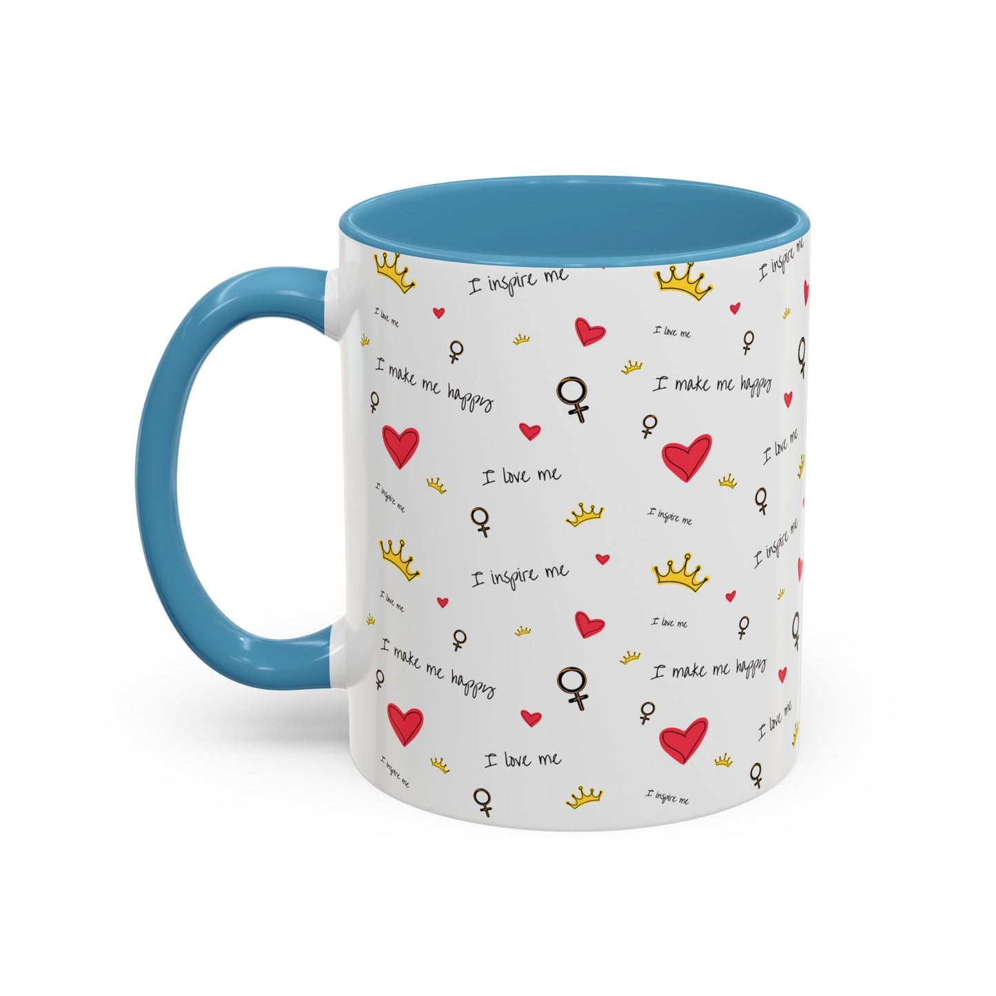 Inspirational Accent Coffee Mug - "I Love Me", Red Hearts and Crowns, Perfect Gift for Self-Care