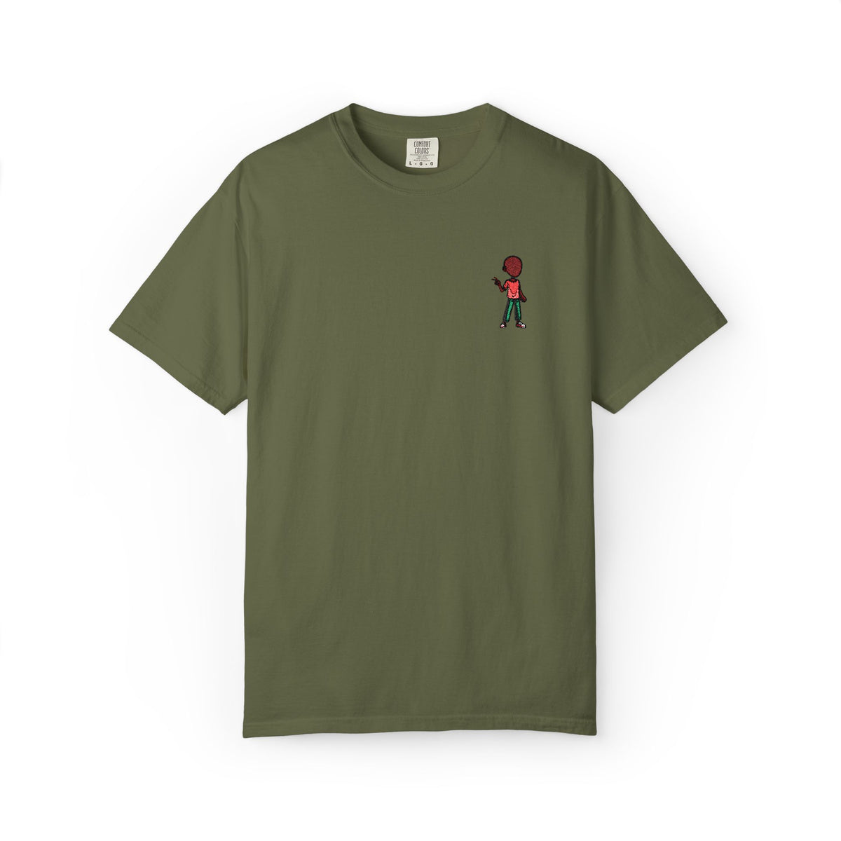 T-Shirt — Tiny Red-Haired Skateboarder Chest Graphic, Minimal Streetwear Tee