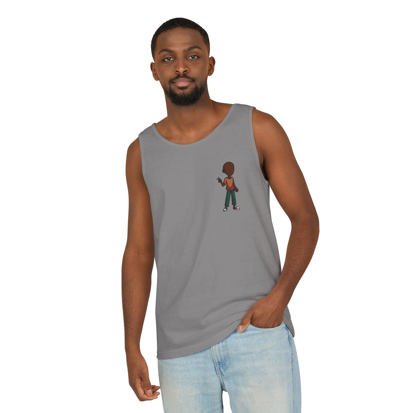 Minimalist Coffee Lover Tank — Small Cartoon Person Holding Mug Graphic Tank Top
