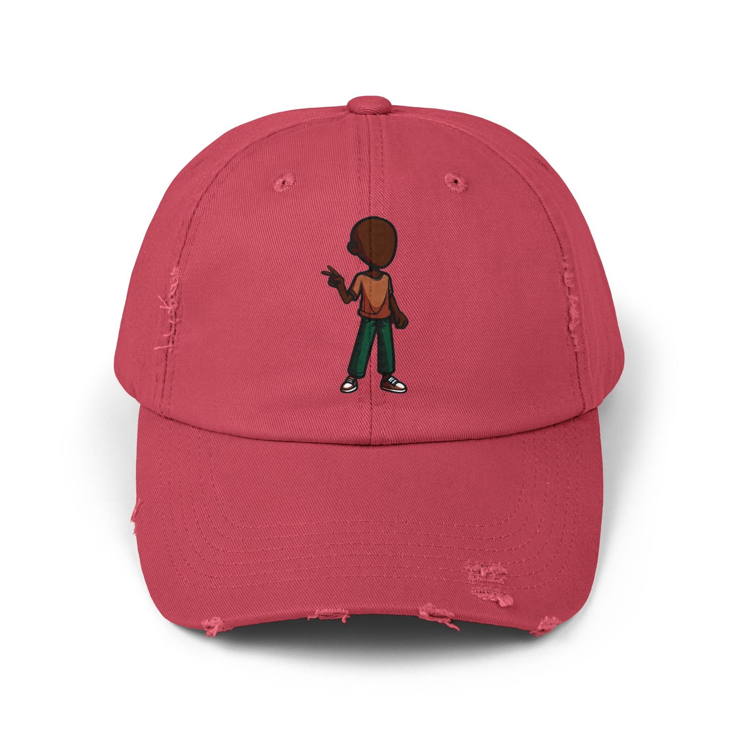 Distressed Black Dad Hat with Retro Boy Graphic — Casual Streetwear Cap
