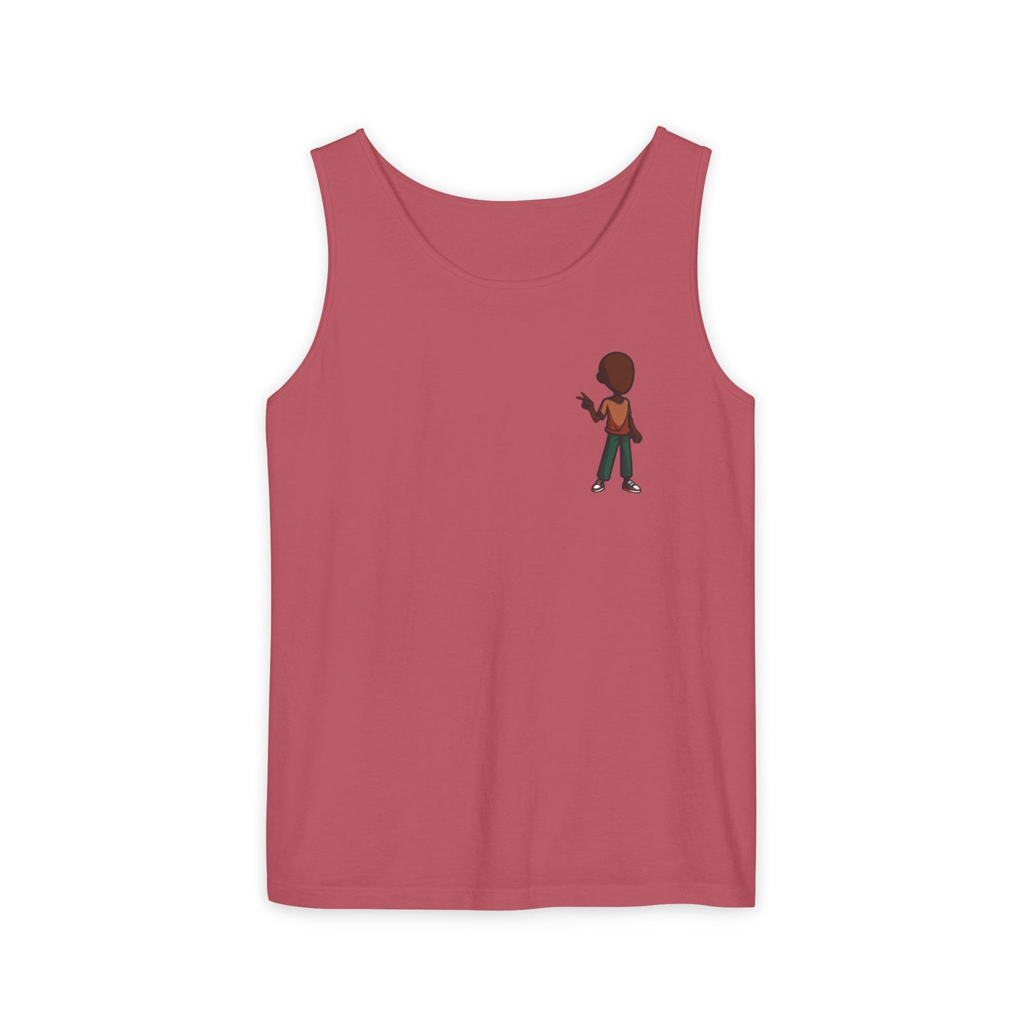 Minimalist Coffee Lover Tank — Small Cartoon Person Holding Mug Graphic Tank Top