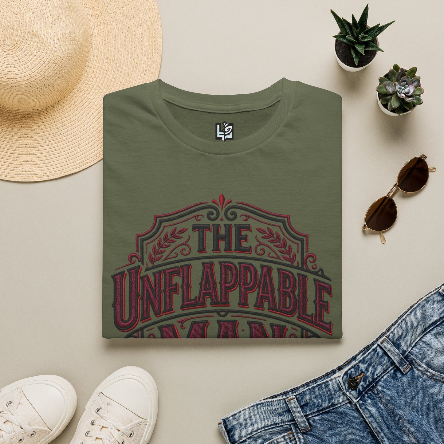 The Unflappable Man T-Shirt — Vintage Shield Graphic Tee for Confident Guys