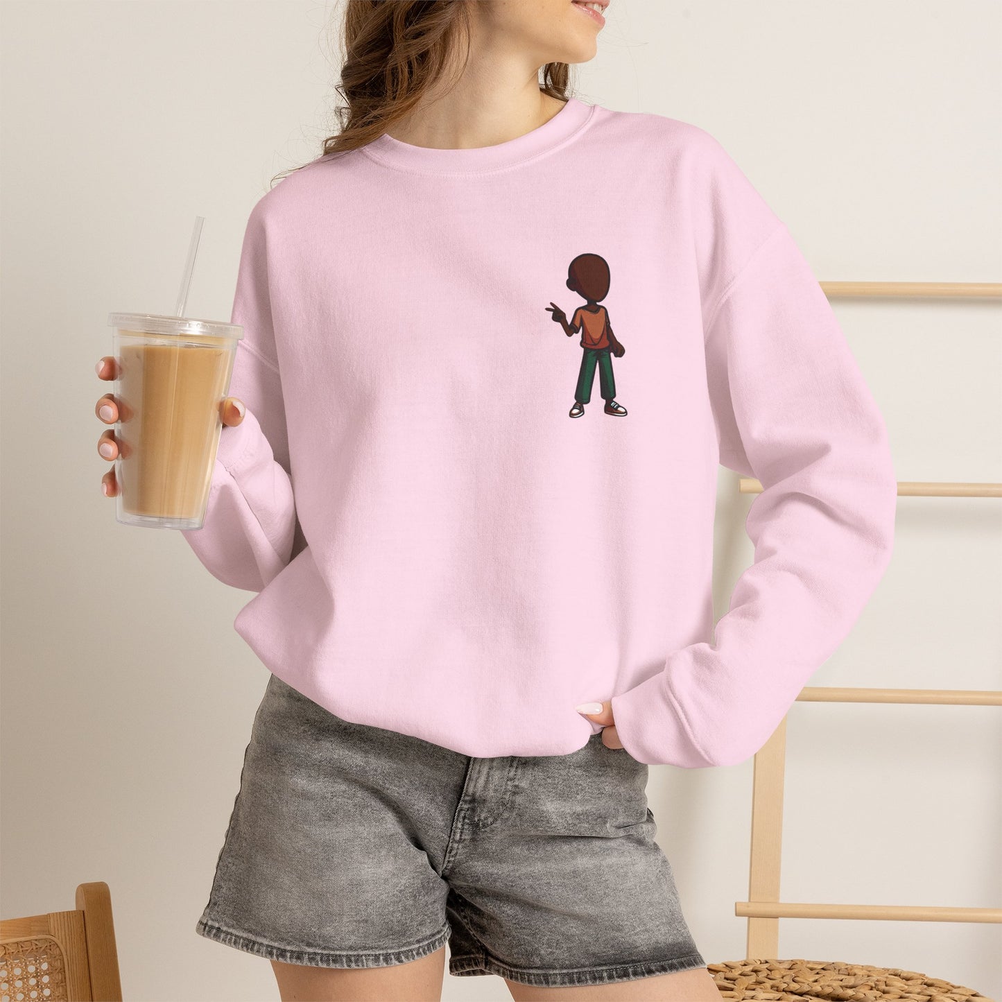 Crewneck Sweatshirt with Cartoon Guitarist & 'Rock On' Sleeve Graphic