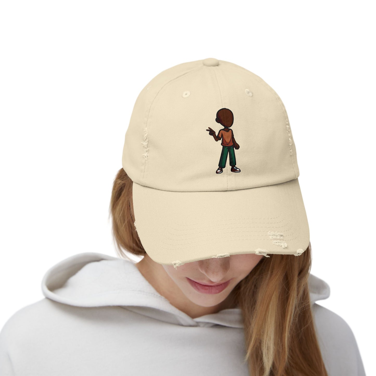 Distressed Black Dad Hat with Retro Boy Graphic — Casual Streetwear Cap